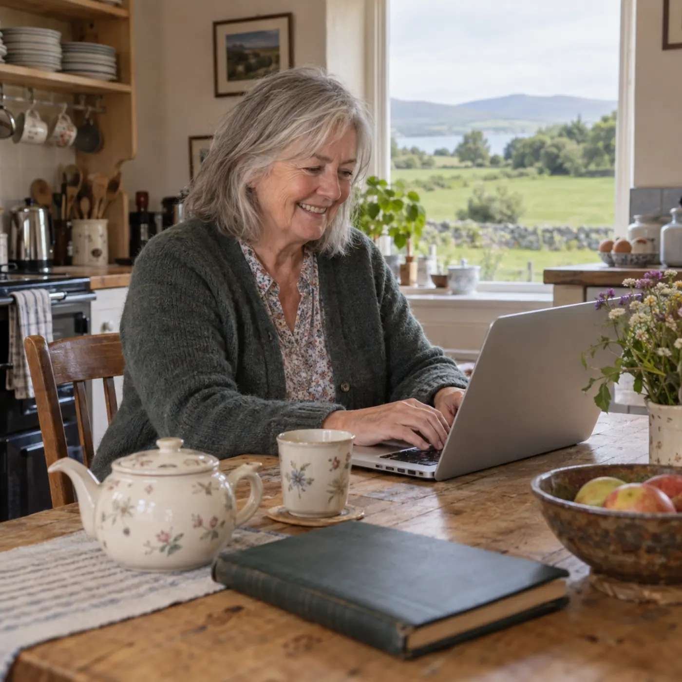 A B&B owner smiling at her laptop at her kitchen table