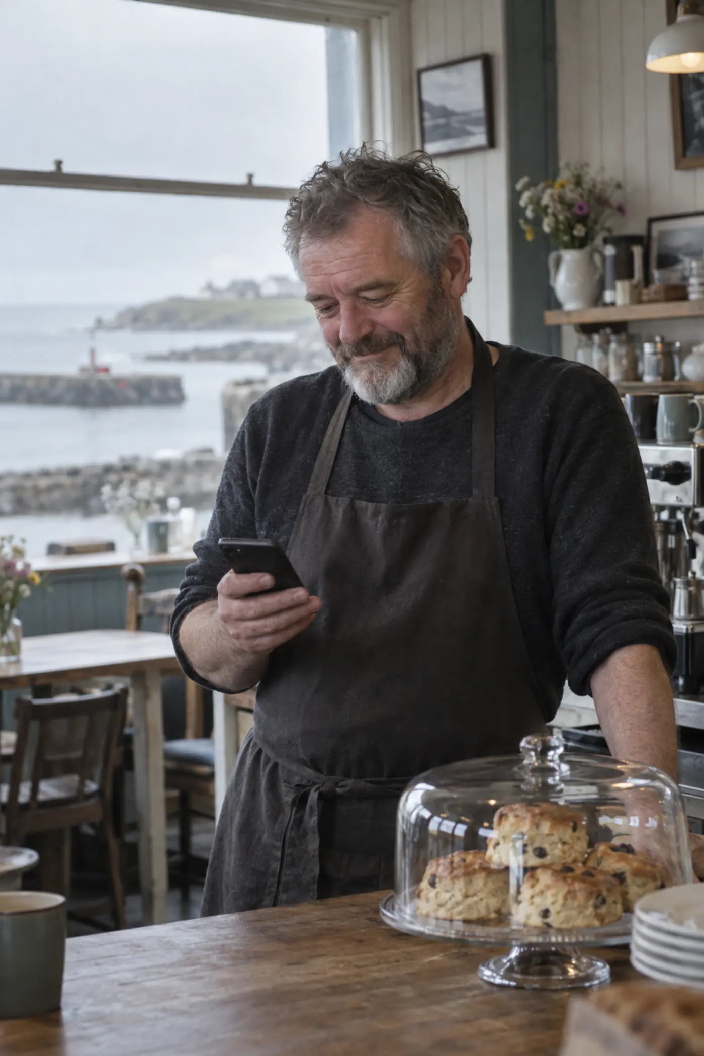 A café owner in an apron reading his phone behind the counter
