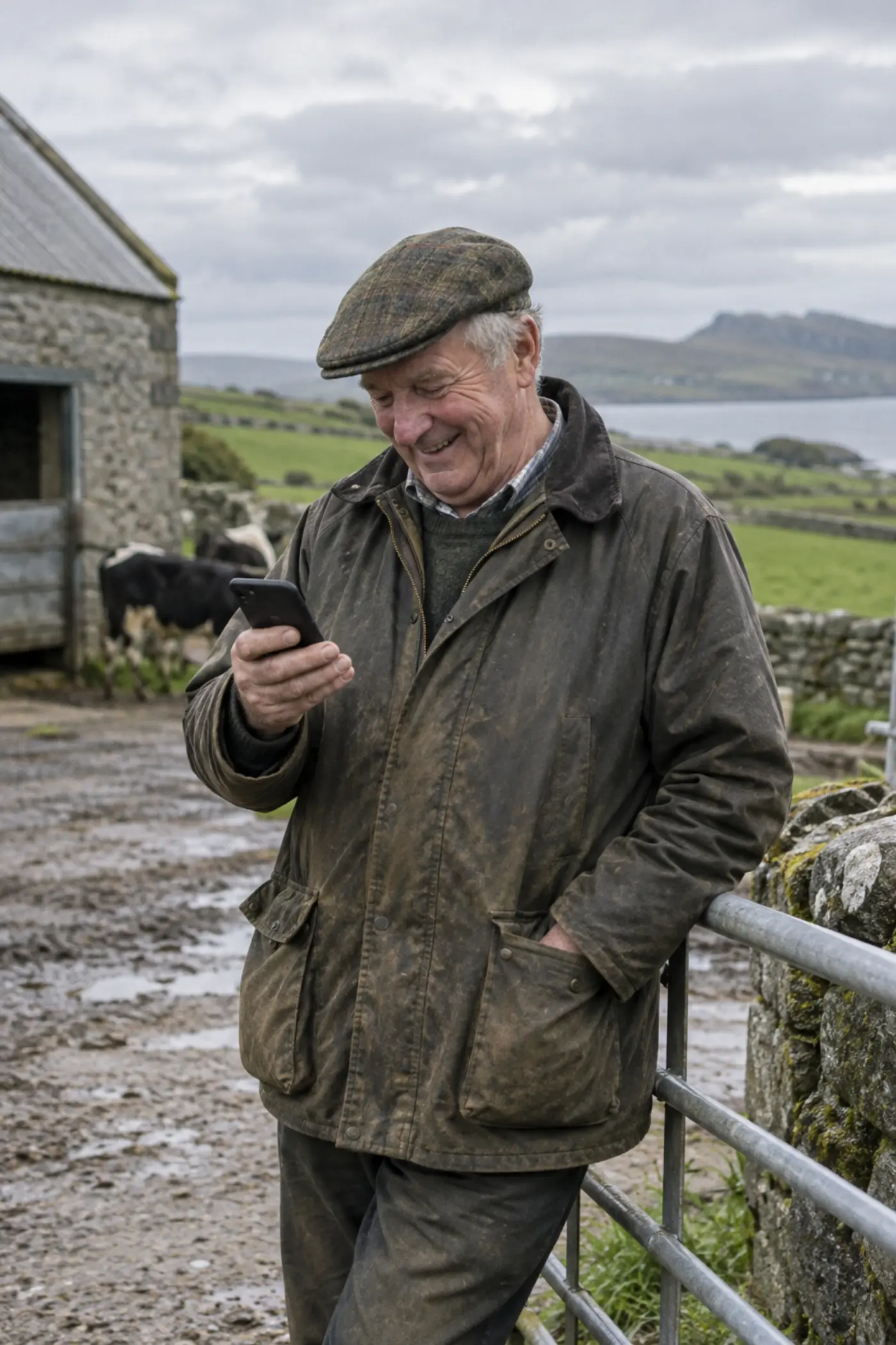 A farmer in a flat cap checking his phone in the farmyard