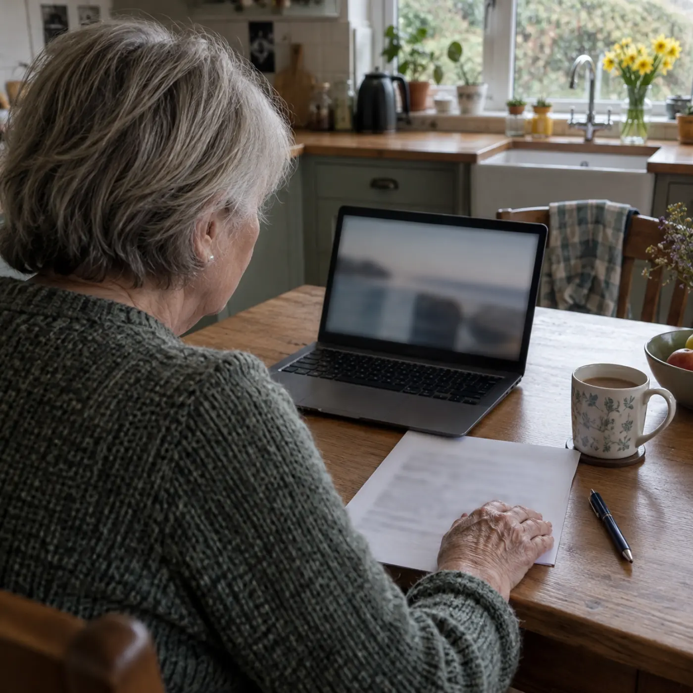 A woman in her sixties at her kitchen table with a laptop and a printed page of notes