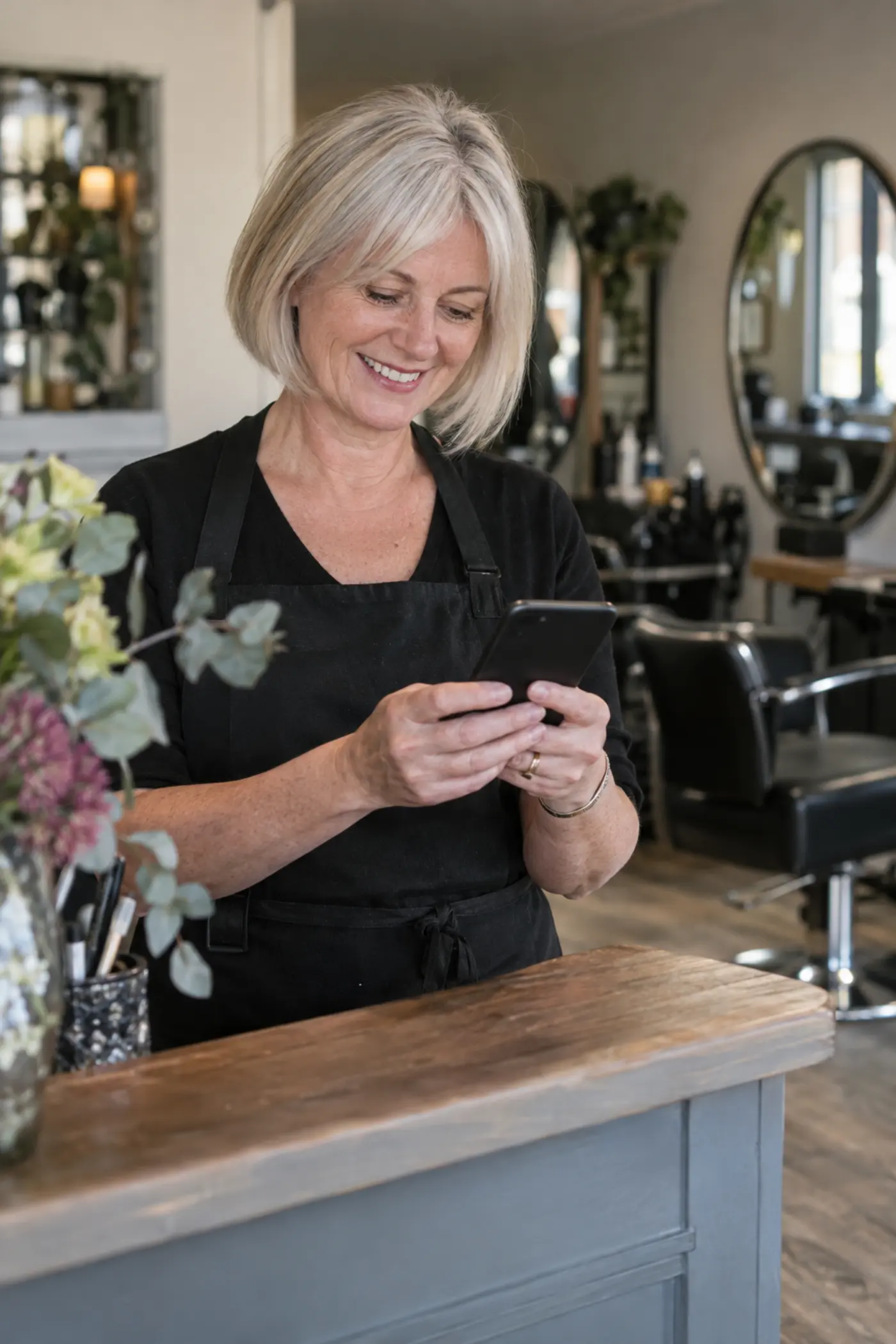 A salon owner smiling at her phone at the front desk of her hair salon