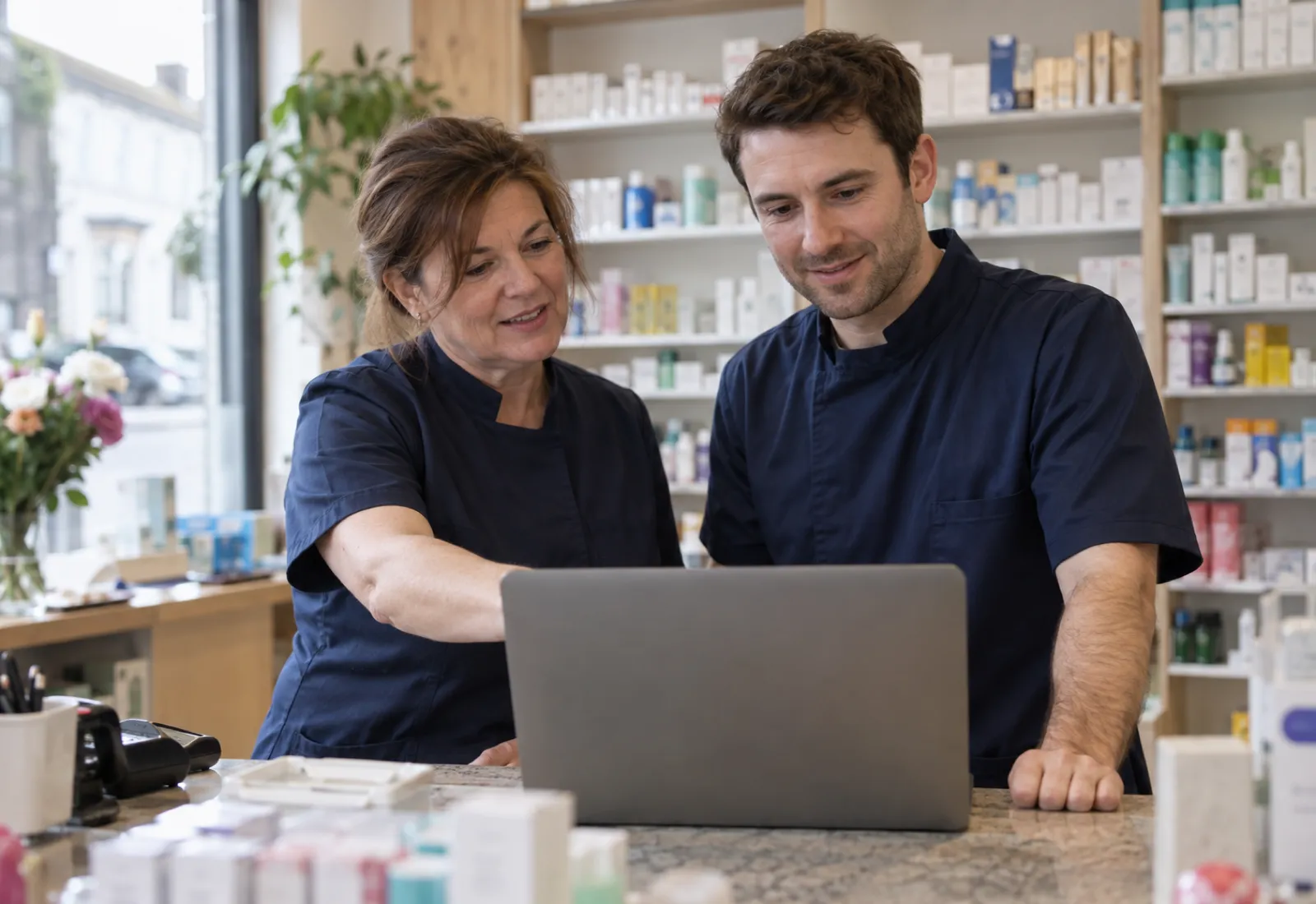 Two pharmacy staff looking at a laptop together behind the counter