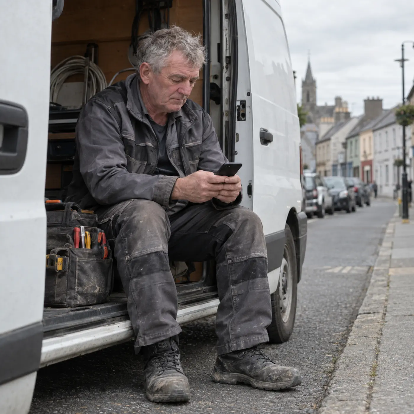 An electrician sitting in the side door of his van, reading his phone