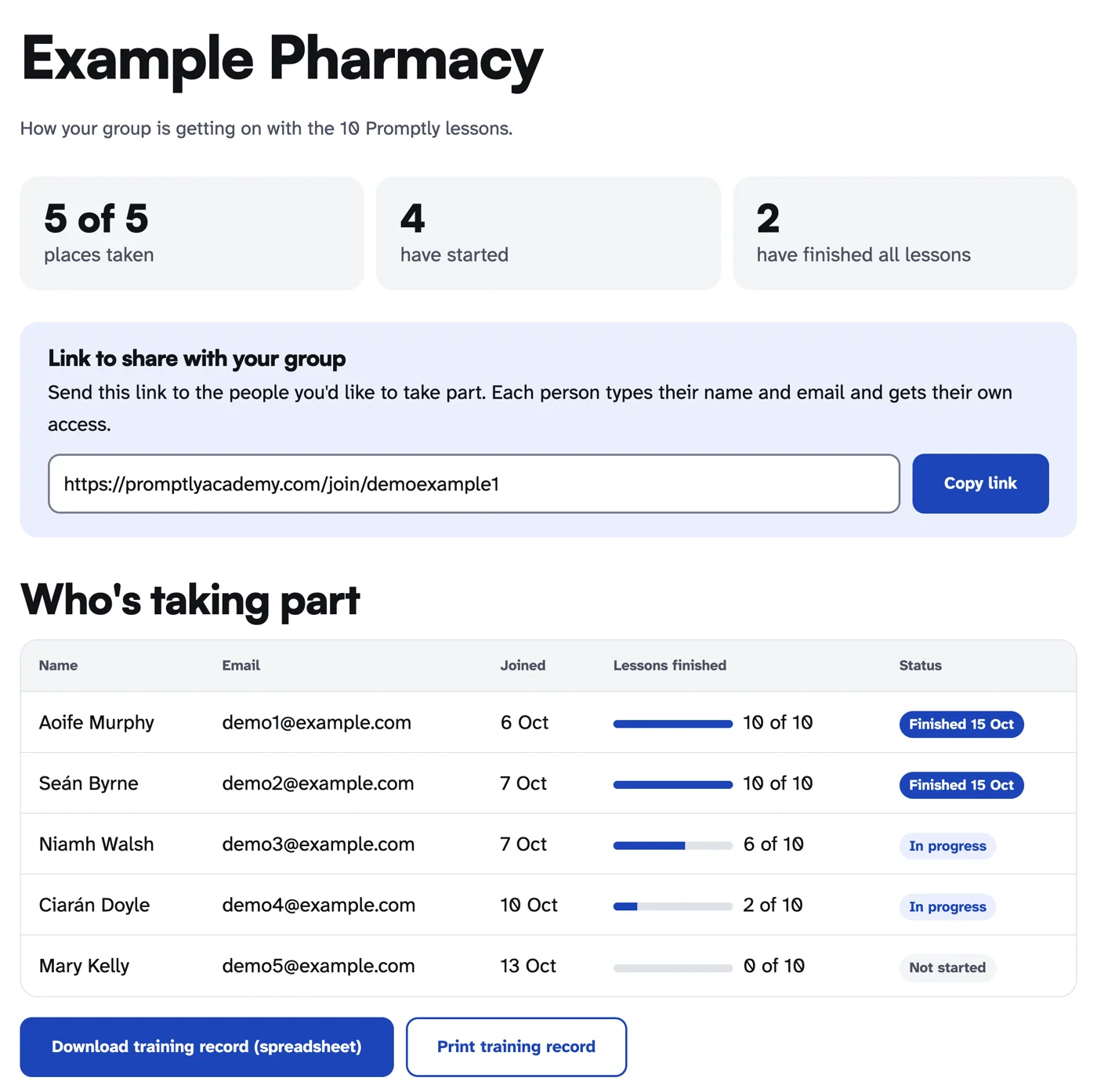 Progress page for Example Pharmacy showing five staff, how many lessons each has finished, and buttons to download or print the training record